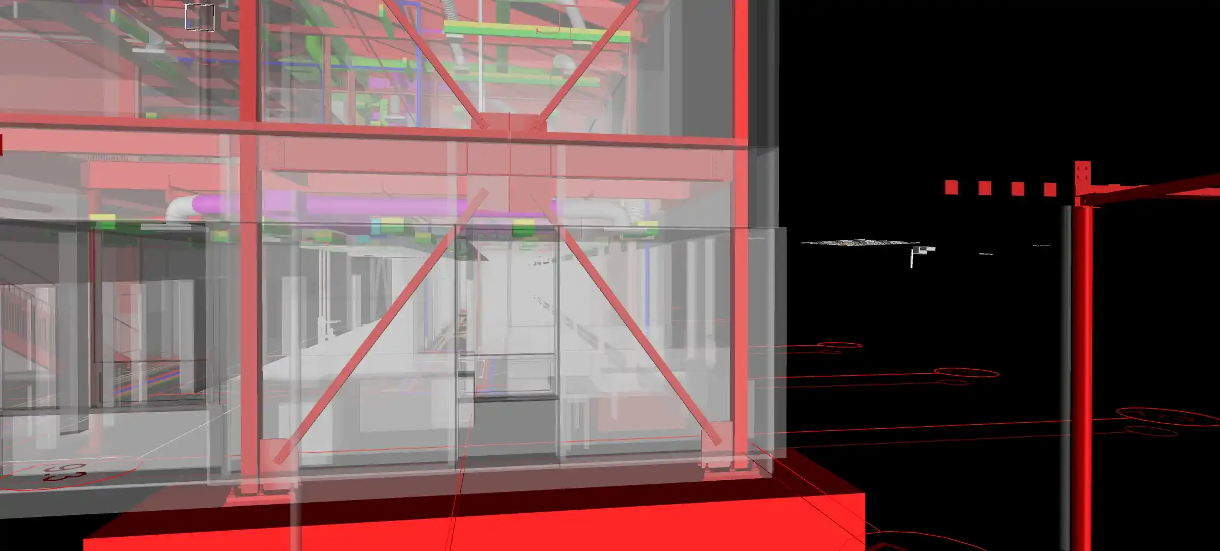 Image of 3D redered model of a portion of the new building showing the steel substructure within a semi-transparent wall assembly.