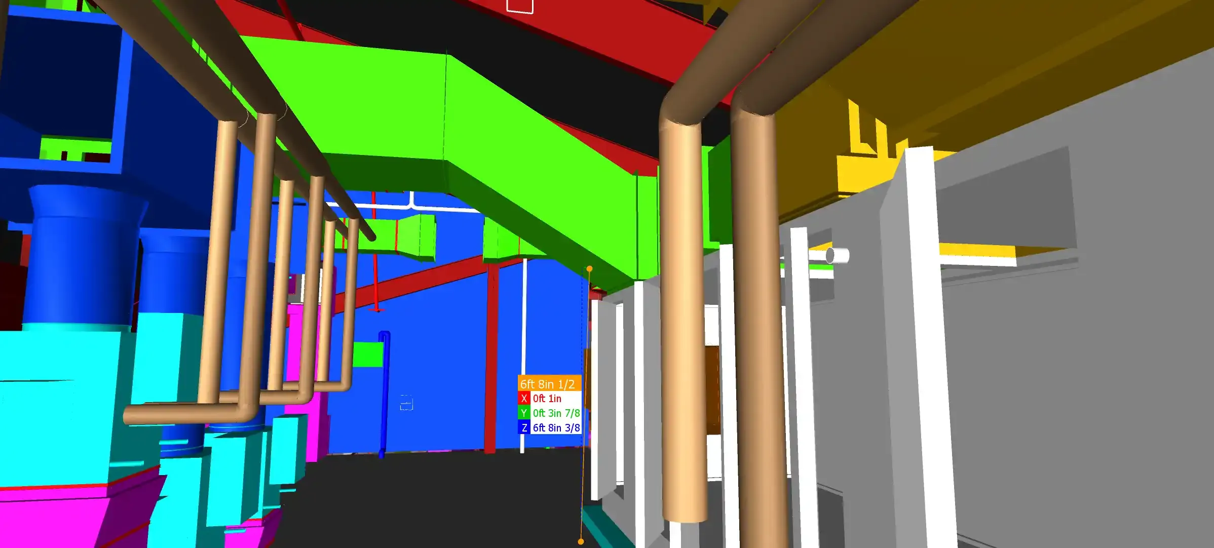 Photo of structural steel framing from the second level of building 'b', this time in a 3D model rendering.