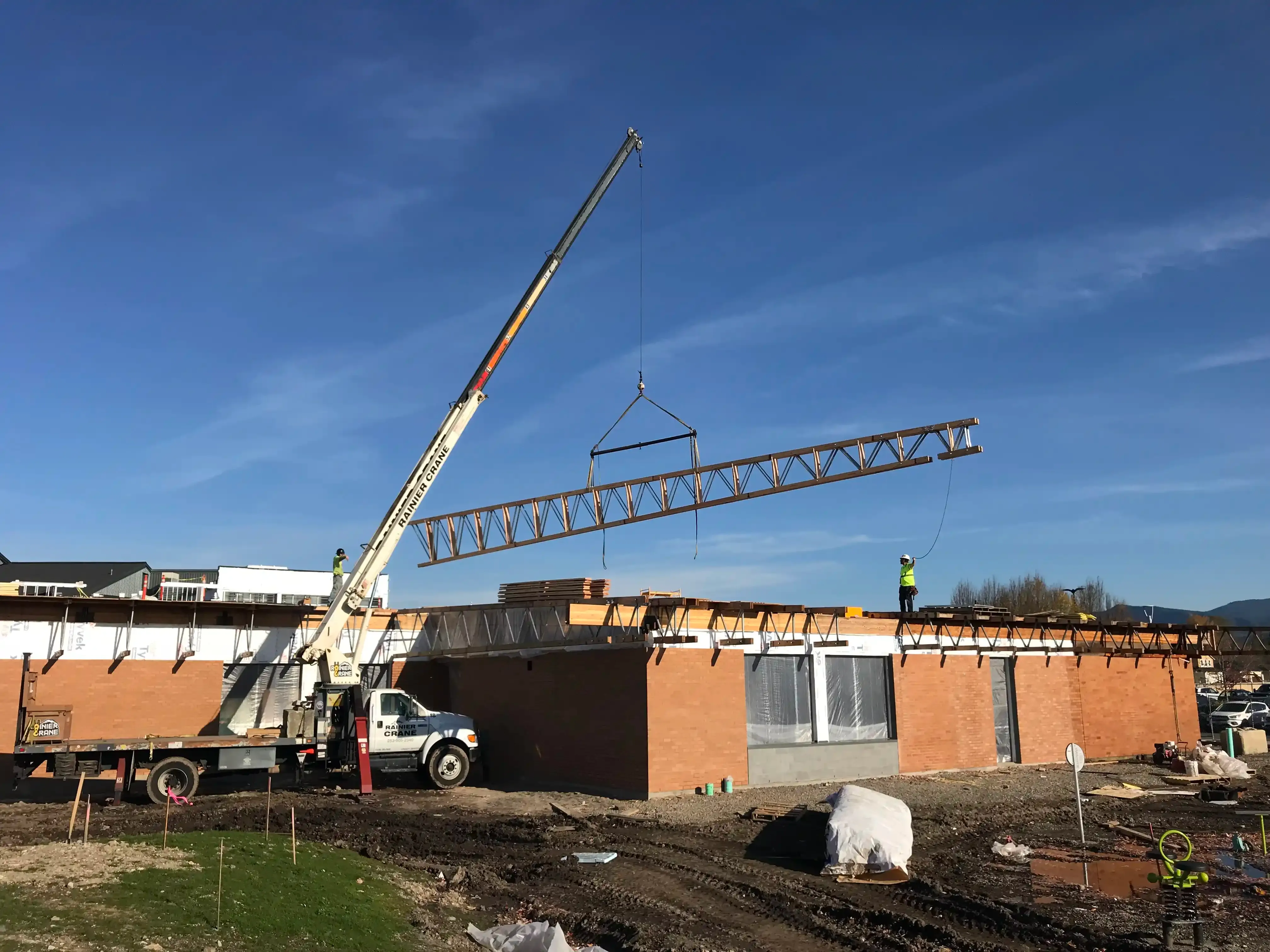 Photo of 'A-wing' as we lowered the last replacement roof truss into place.