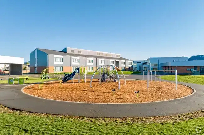 Photo of the new play structure with the school in the background. 